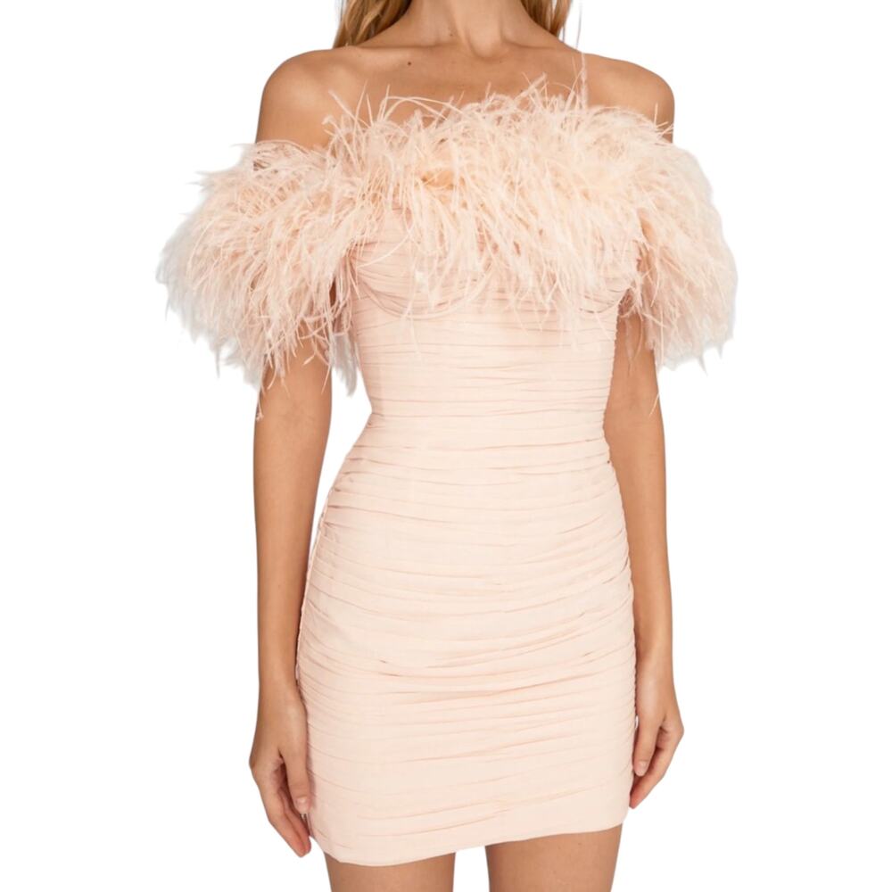 Ballet Pink Feather Trim Ruched Strapless Mini Dress Coquette Glam Party sz 4